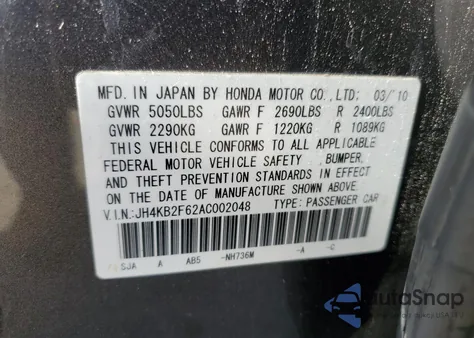 2010 Acura Rl из США, поврежденный, VIN JH4KB2F62AC002048